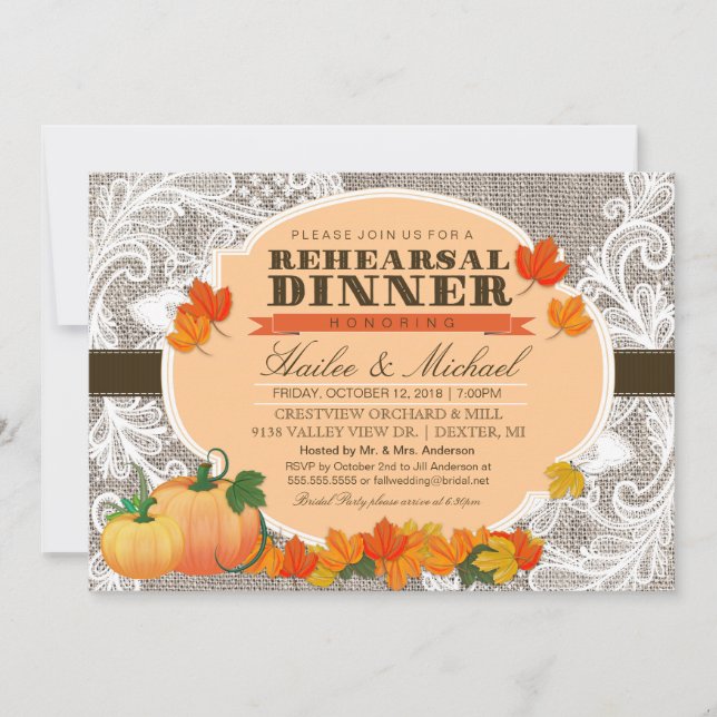 Burlap & Lace Fall Pumpkin Leaves Rehearsal Dinner Invitation (Front)