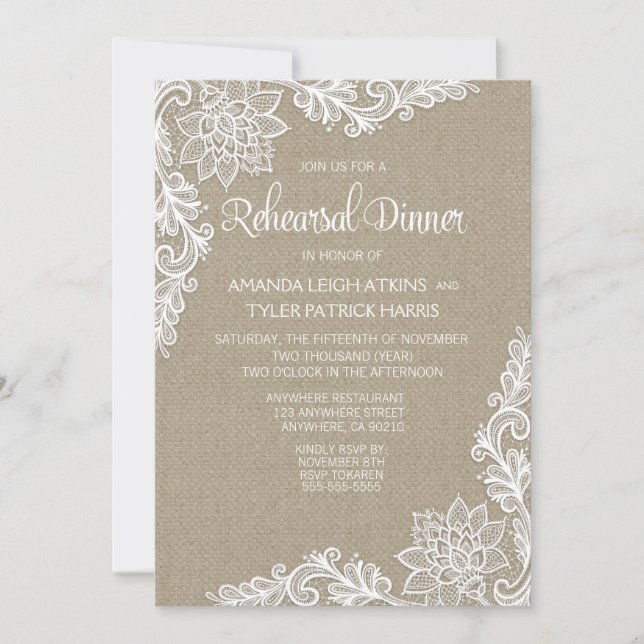 Burlap & Lace Floral Rehearsal Dinner Invitations (Front)