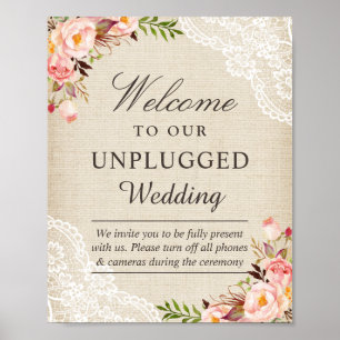 Burlap Lace Floral Unplugged Wedding Welcome Sign