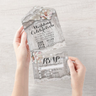Burlap Lace Flower String Lights Wood Wedding RSVP All In One Invitation