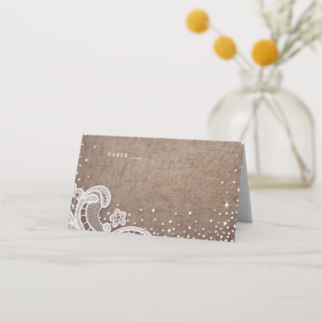 Burlap Lace glitter rustic wedding place cards (Front)