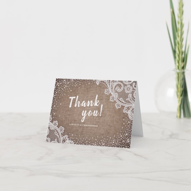 Burlap Lace glitter rustic Wedding thank you (Front)