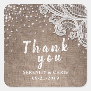 burlap lace glitter rustic wedding thank you square sticker