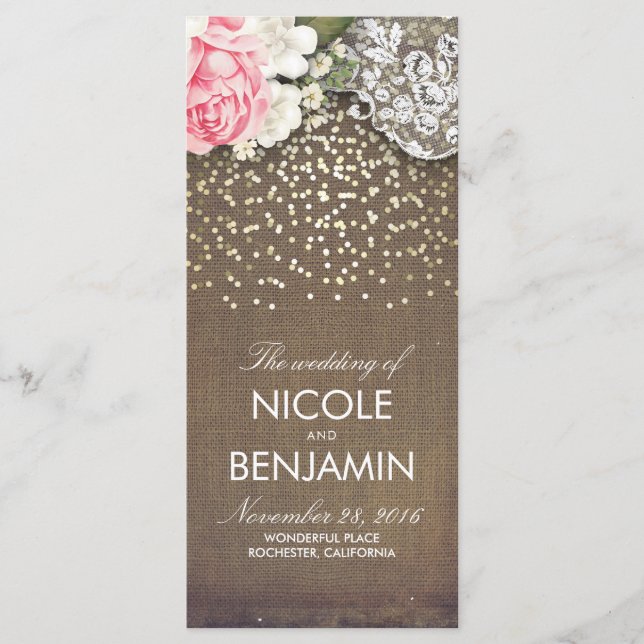 Burlap Lace Gold Confetti Rustic Wedding Programs (Front)