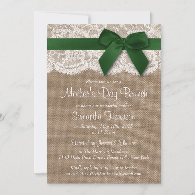 Burlap, Lace & Green Bow Mother's Day Brunch Invitation (Front)
