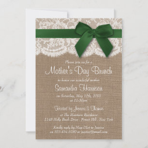 Burlap, Lace & Green Bow Mother's Day Brunch Invitation