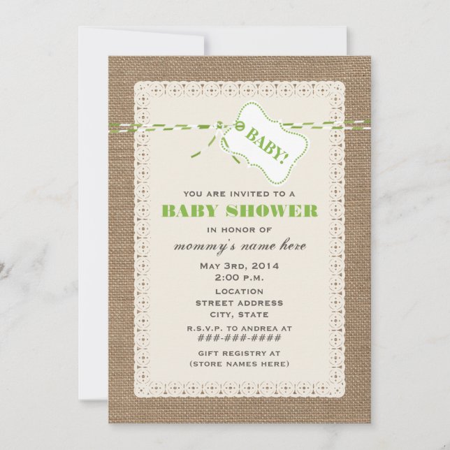 Burlap Lace & Green Twine Inspired Baby Shower Invitation (Front)