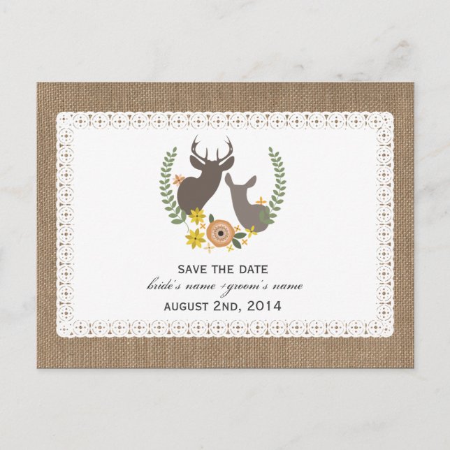 Burlap + Lace Inspired Fall Deer Save The Date Announcement Postcard (Front)