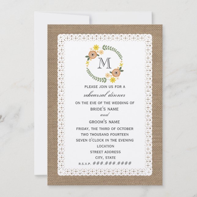 Burlap & Lace Inspired Fall Rehearsal Dinner Invitation (Front)
