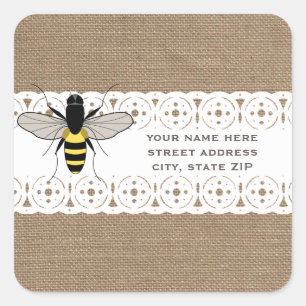 Burlap & Lace Inspired Honey Bee Address Square Sticker