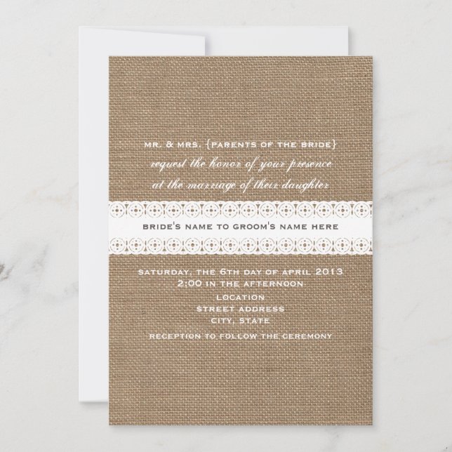 Burlap & Lace Inspired Wedding Invitation (Front)