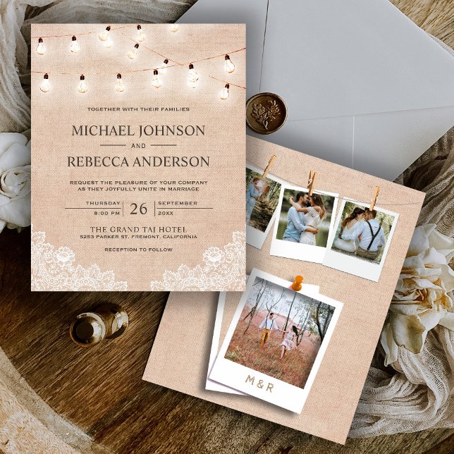 Burlap Lace Lights Photo Budget Wedding Invitation (Creator Uploaded)