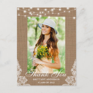 Burlap Lace Lights Photo Graduation Thank You Postcard