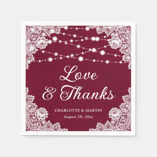 Burlap Lace Love and Thanks Burgundy Wedding Napkin (Front)