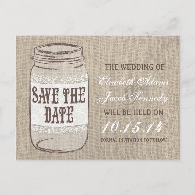 Burlap Lace Mason Jar Save the Date Announcement Postcard (Front)