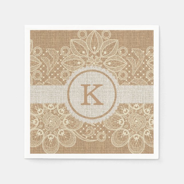 Burlap & Lace Monogram Napkin (Front)