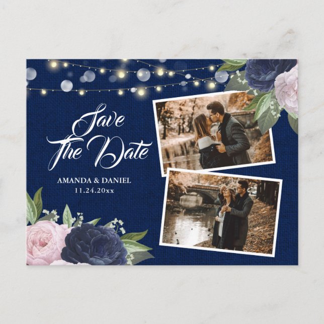 Burlap Lace Navy Blue Blush Save The Date Photo Announcement Postcard (Front)