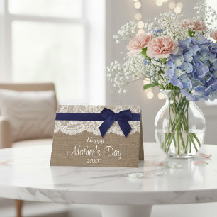 Burlap, Lace & Navy Bow Happy Mother's Day Card