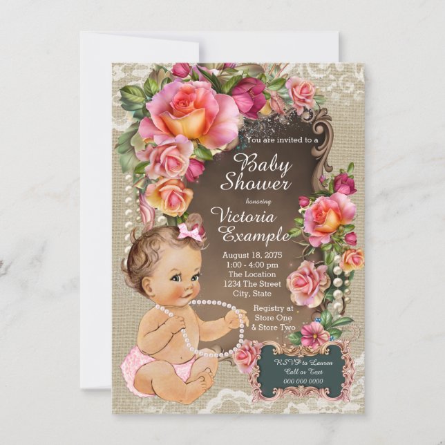 Burlap Lace Pearl Rustic Chic Baby Shower Invitation (Front)