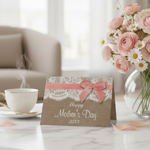 Burlap, Lace & Pink Bow Happy Mother's Day Card