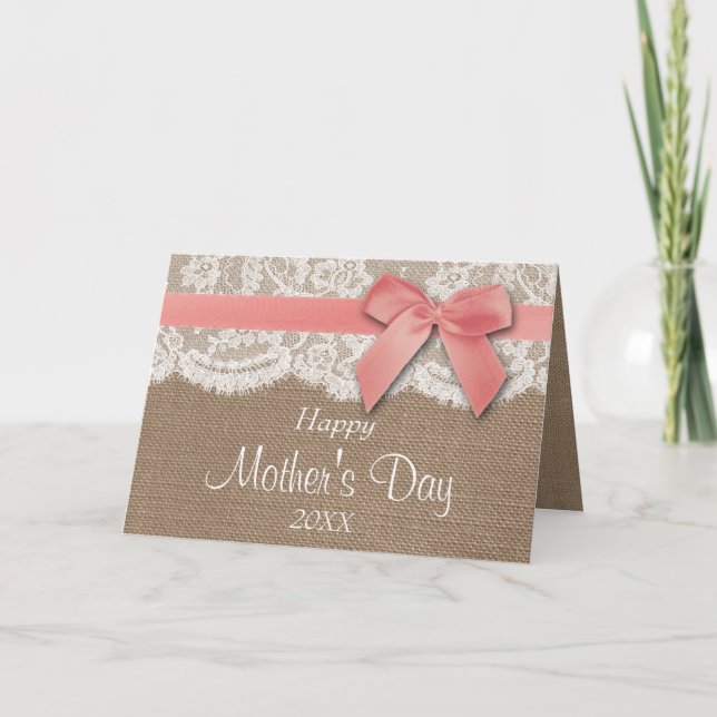 Burlap, Lace & Pink Bow Happy Mother's Day Card (Front)