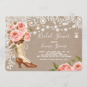 Burlap & Lace Pink Floral Bridal Shower Chic Boots Invitation