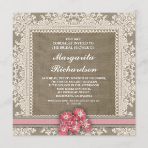 burlap lace & pink flowers bridal shower invites
