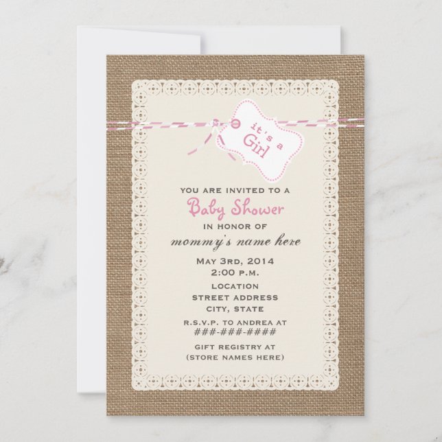 Burlap Lace & Pink Twine Inspired Baby Shower Invitation (Front)