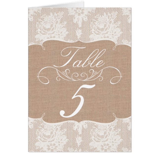 Burlap & Lace Print Wedding Table Number Cards (Front)