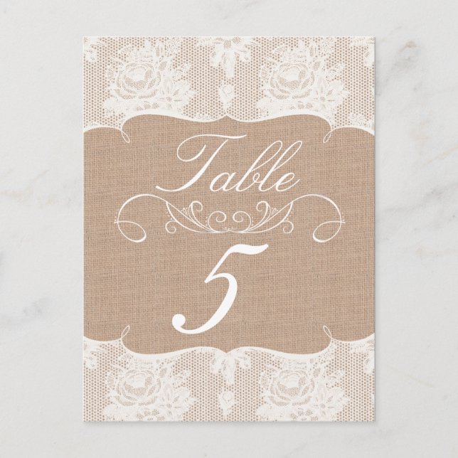 Burlap & Lace Print Wedding Table Number Cards (Front)