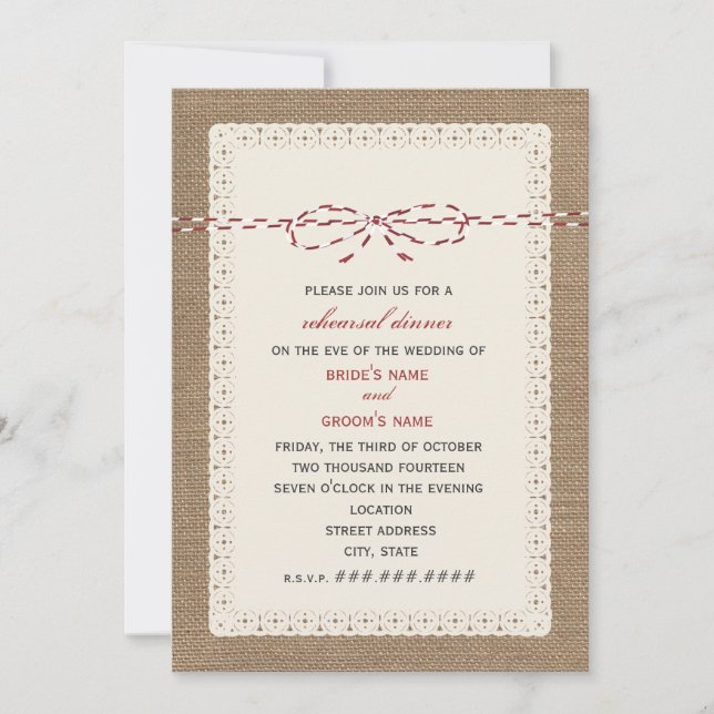 Burlap Lace & Red Paper Twine Inspired Rehearsal Invitation (Front)