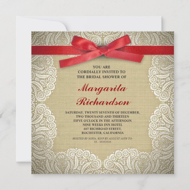 burlap lace & red ribbon bridal shower invites (Front)