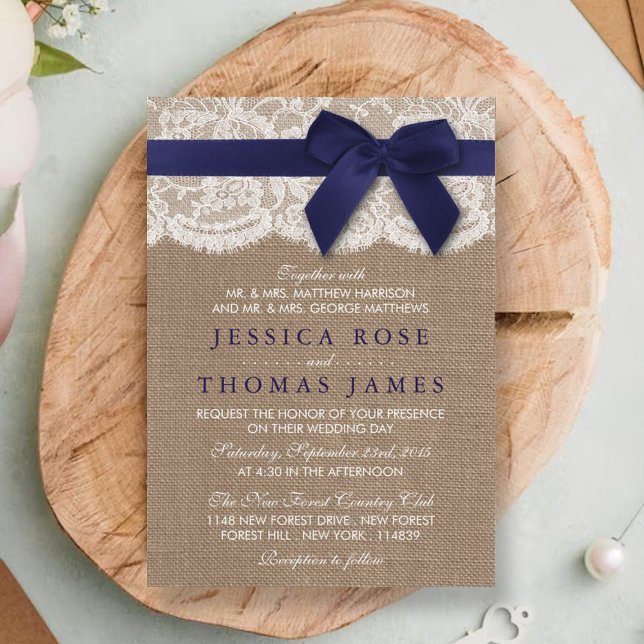 Burlap, Lace, Ribbon & Bow Rustic Wedding - Navy Invitation (Creator Uploaded)
