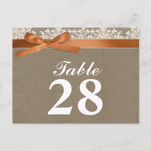 burlap lace ribbon table number cards (Front)