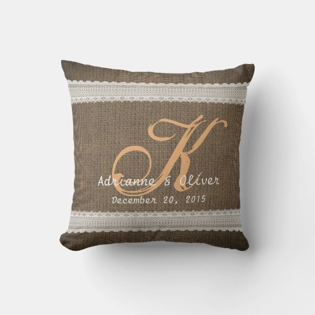 Burlap Lace Rustic Country Wedding Monogram Cushion (Front)