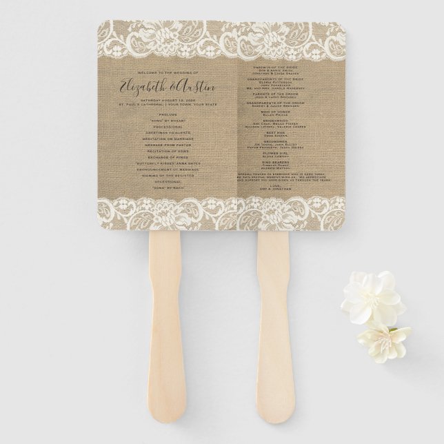Burlap Lace Rustic Wedding Program Fan (Front and Back)