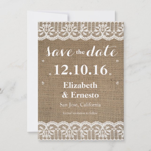 Burlap Lace Rustic Wedding Save the Dates 4.5x6.25 Date (Front)