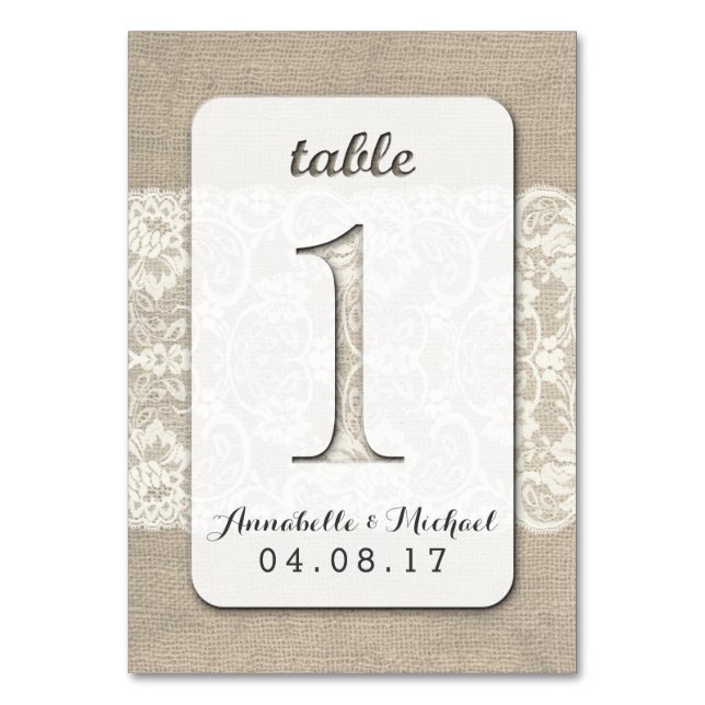 Burlap Lace Rustic Wedding Table Number Card 1 (Front)