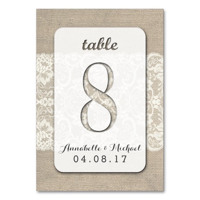 Burlap Lace Rustic Wedding Table Number Card 8 (Front)