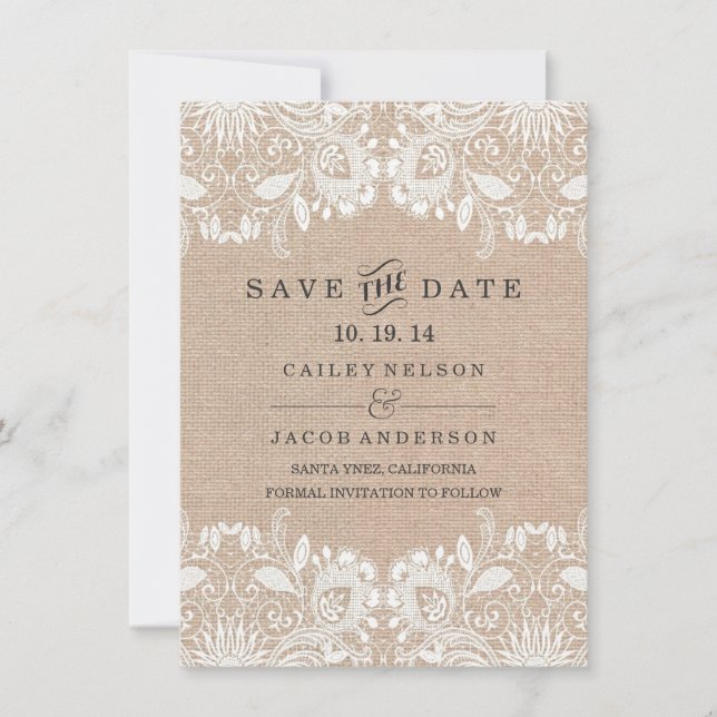 Burlap & Lace Save The Date Card (Front)