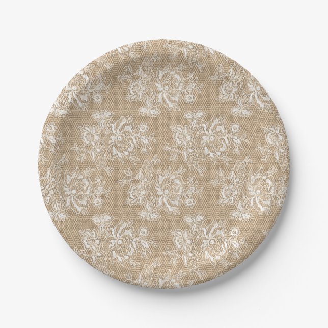 Burlap & Lace Shabby Chic Floral Paper Plate (Front)