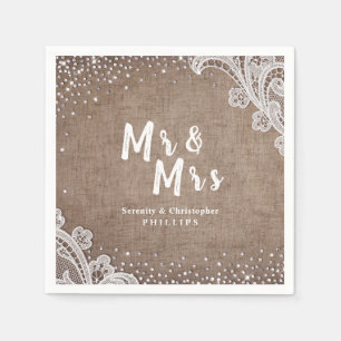 Burlap Lace silver glitter Mr & Mrs rustic wedding Napkin