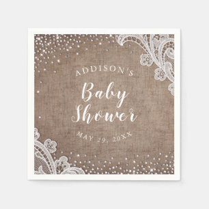 Burlap Lace silver glitter rustic baby shower Napkin