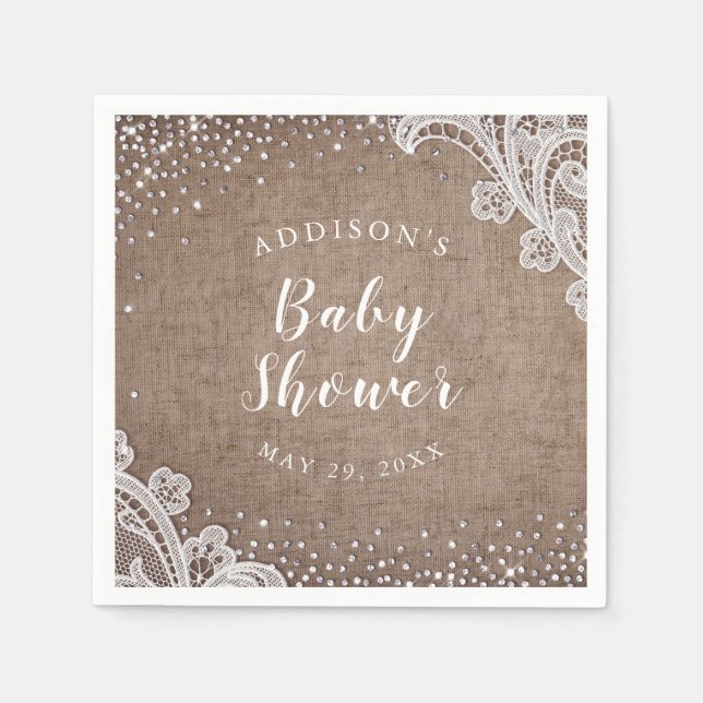 Burlap Lace silver glitter rustic baby shower Napkin (Front)
