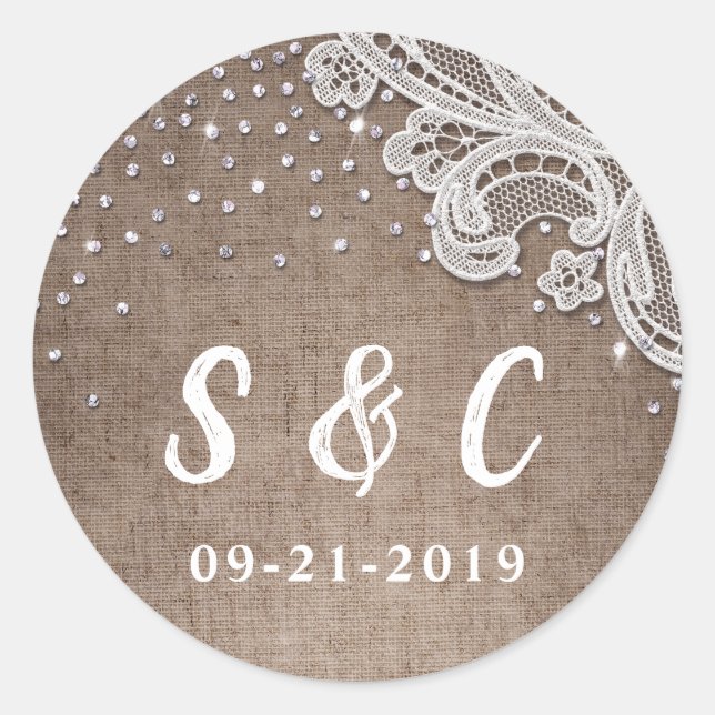 Burlap Lace silver glitter rustic Wedding monogram Classic Round Sticker (Front)