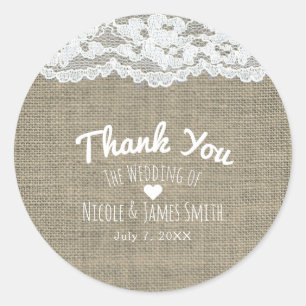 Burlap & Lace Simple Rustic Elegant Wedding Favour Classic Round Sticker