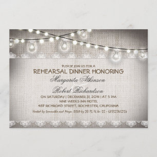 burlap lace string lights bulbs rehearsal dinner invitation