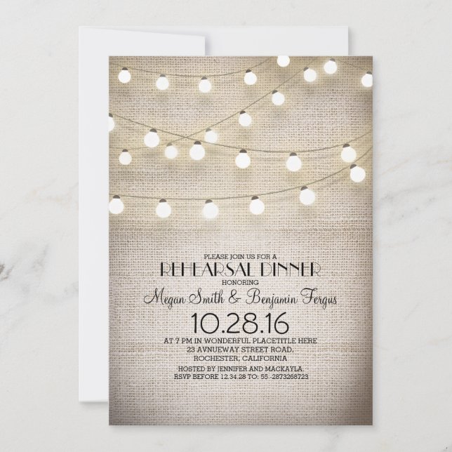 burlap lace string lights rustic rehearsal dinner invitation (Front)