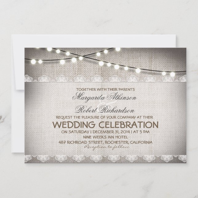 burlap lace string lights rustic wedding invitatio invitation (Front)