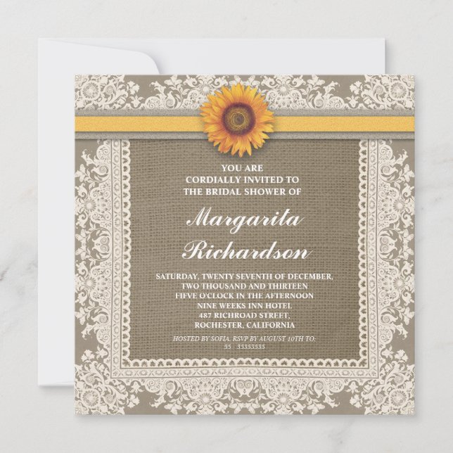 burlap lace & sunflower bridal shower invitations (Front)